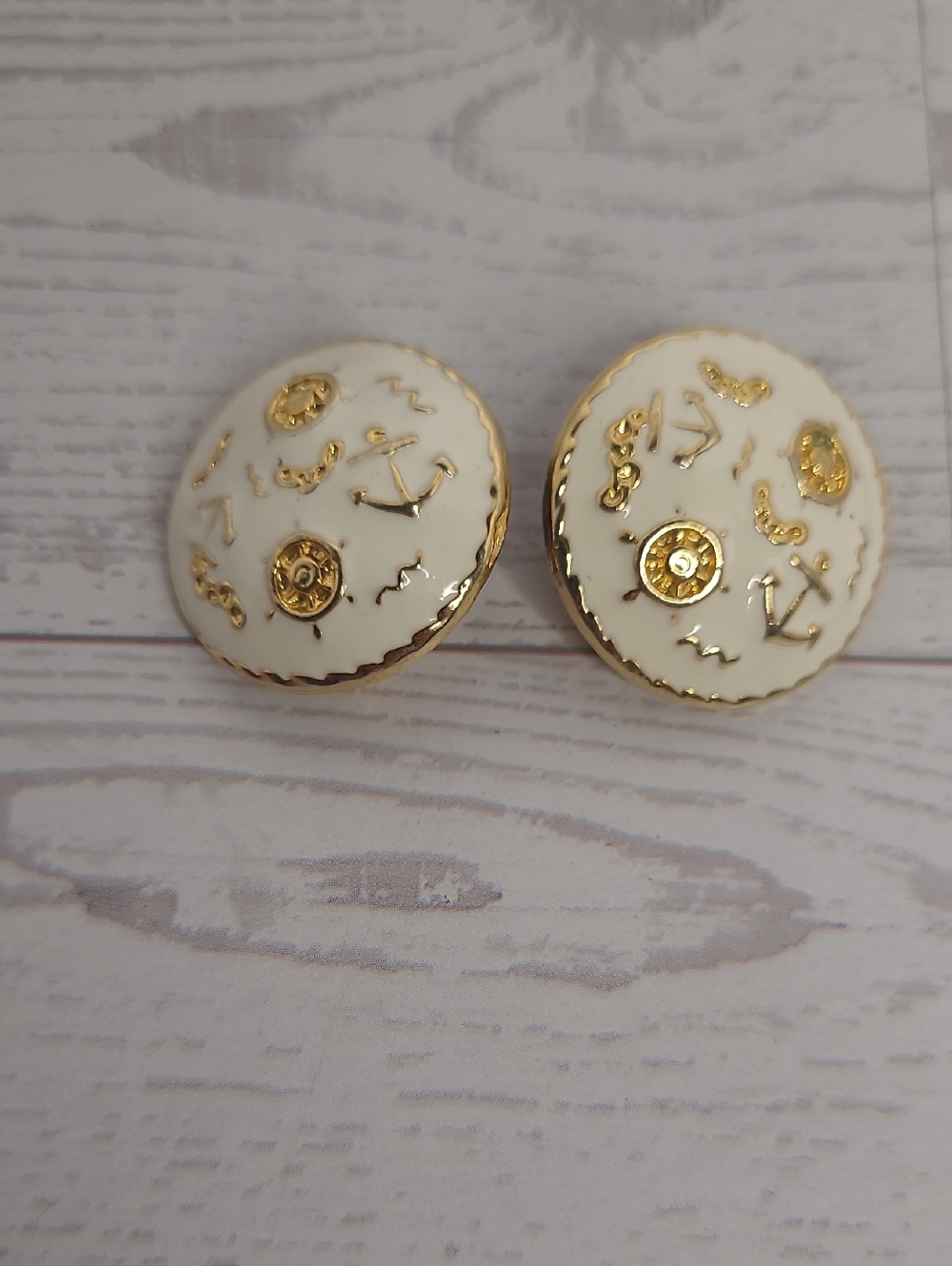 Vintage-Style Gold-Tone Accent White Enamel Nautical Button Earrings Clip-on